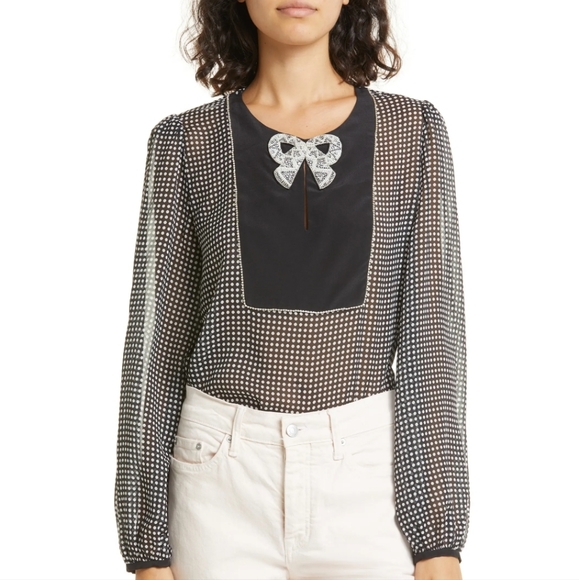 NWT SALONI Black & White Beaded Bow Silk Georgette Blouse Sz 8 - Picture 1 of 13